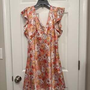 Altar'd State Alysiana Pink Retro Floral Tie-Back Mini Dress with Ruffle Sleeves